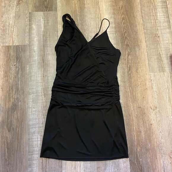 Black Halo Twist Strap Cross Bodice Fitted Mini Little Black Dress - Picture 1 of 10